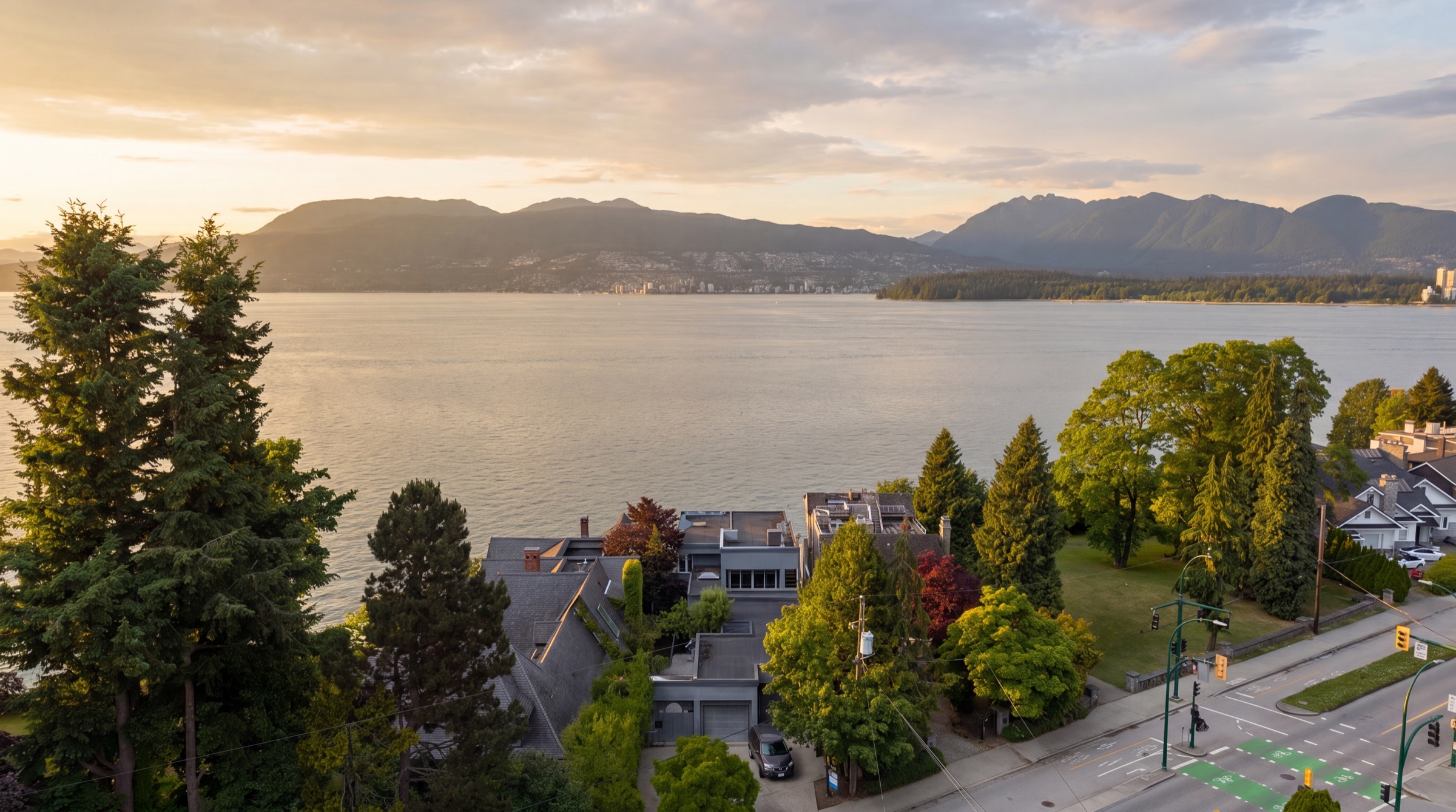 Looking north from above 2711 Point Grey Road — English Bay, Stanley Park, West Vancouver and downtown