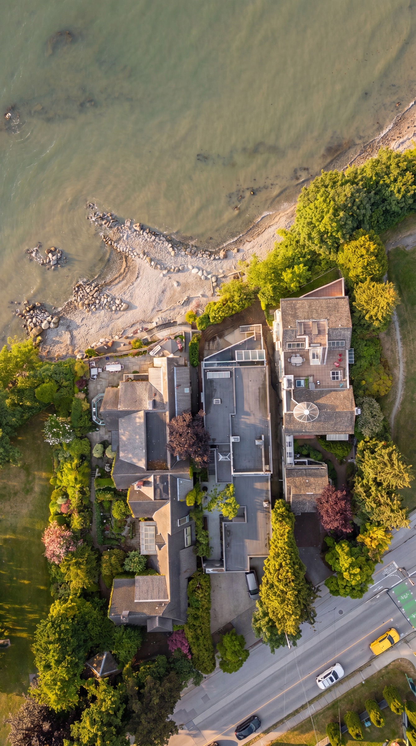 Top-down aerial of the beach and rock groynes